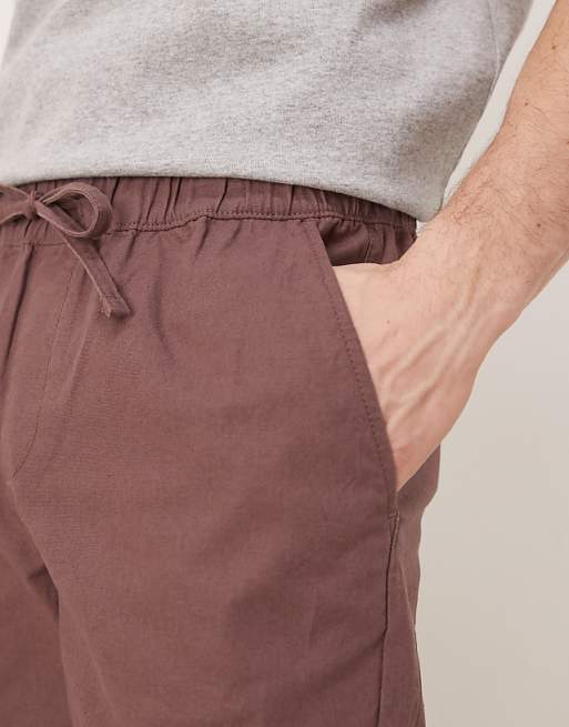 Chino Asos Deisgn Linen Mix Slim Pants With Elastic Waist In Brown