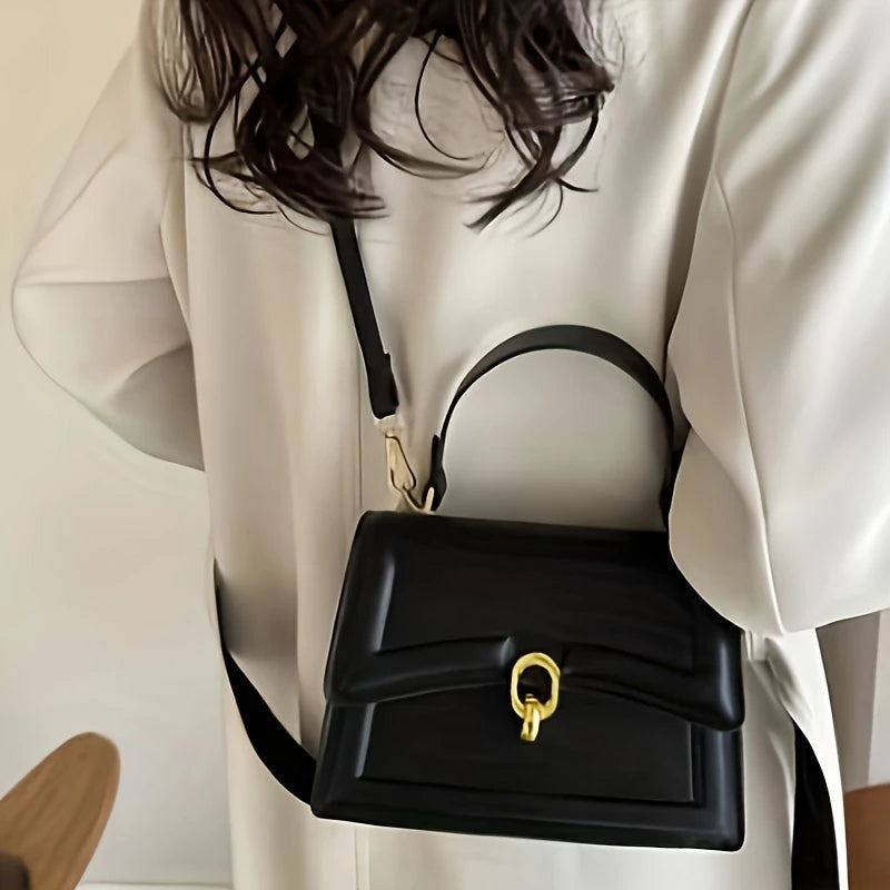 Black Minimalist Flap Square Bag - Stylish Crossbody & Shoulder Handbag for Women