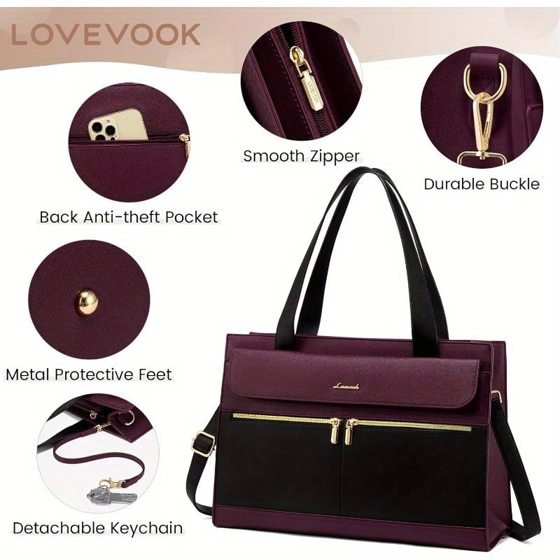 Women 15.6 Inch Tote Work Professional Faux Leather Computer Briefcase Handbag Shoulder Large Capacity Business