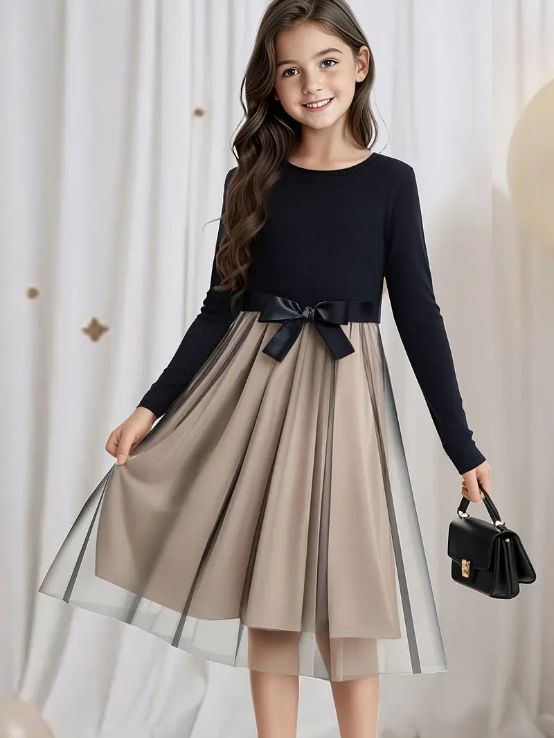 Elegant Girls' Color Block Mesh Panel Party Dress with Belt