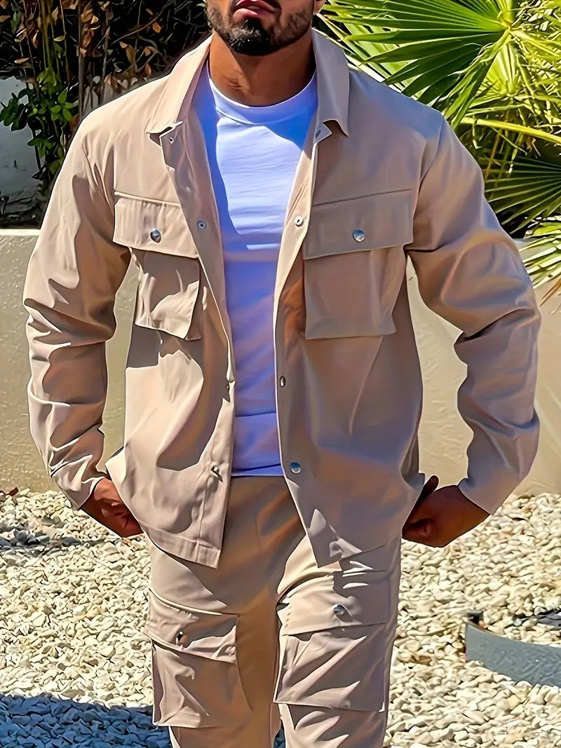 Men's Blue Button-Up Casual Jacket with Flap Pockets