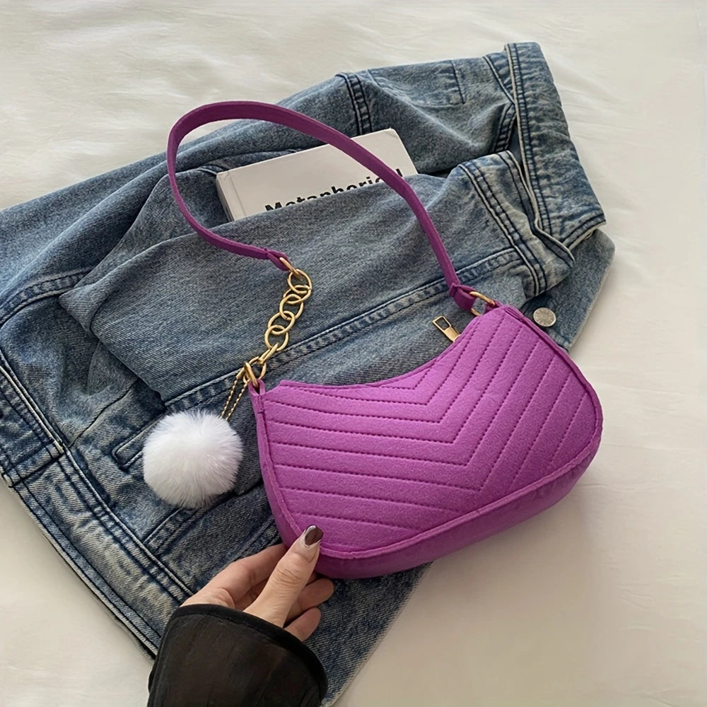 Women's Faux Fur Ball Embellished Shoulder Bag
