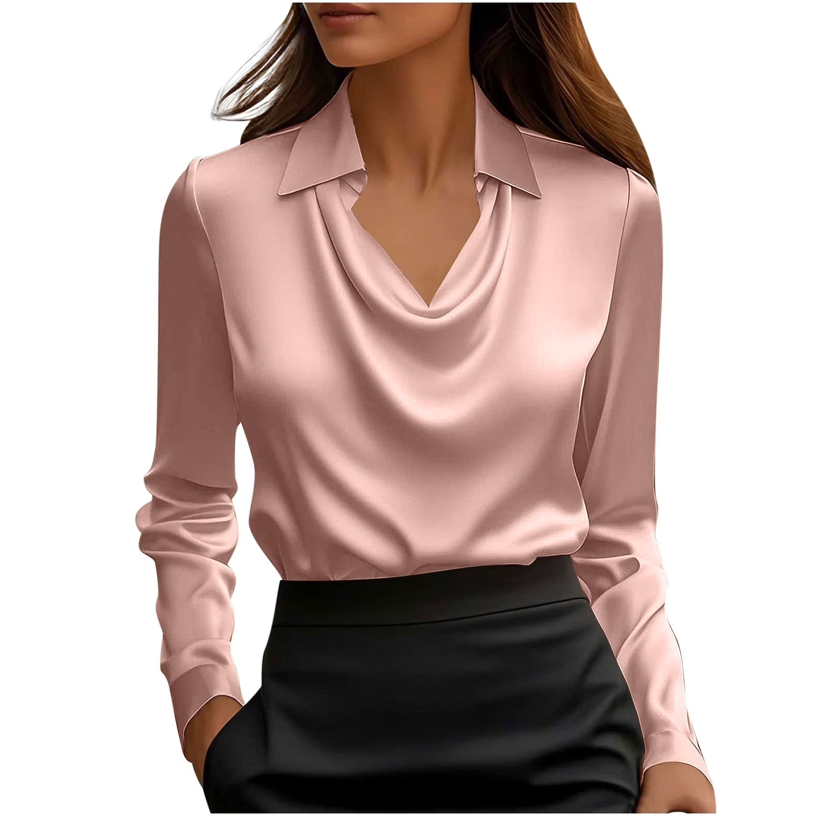 Fall Fashion Must Haves Women'S Satin Silky Cowl Neck Drape Ruched Front Long Sleeve Blouse Shirt Top Casual Dressy Loose Clothing Fall Clothes My Items