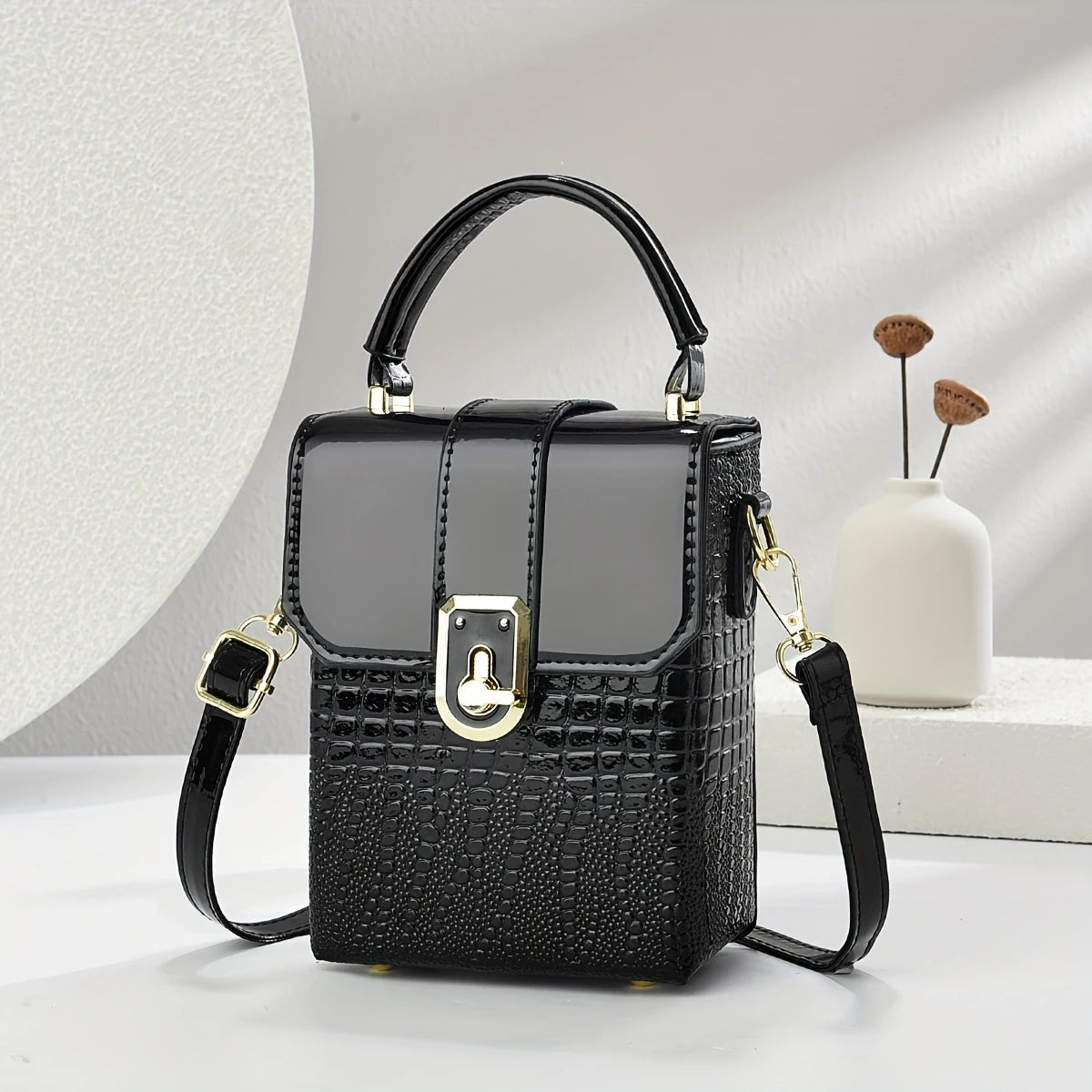 Mini Vintage Style Faux Crocodile-Print Shoulder Bag