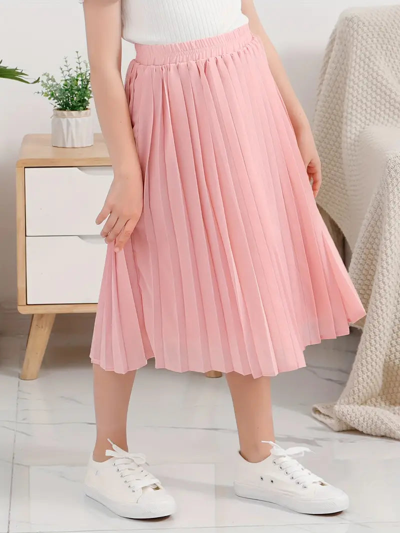 Girls Solid Pleated A-line Skirt Party Gift Spring Fall