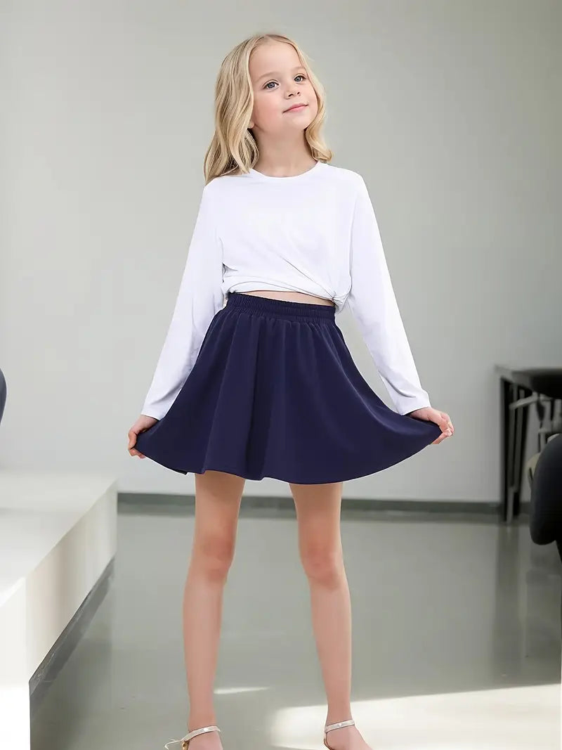 Girls' Navy Blue Casual Skirt with Elastic Waist