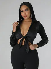omen's Stylish Black Knot Front Crop Top - Long Sleeve, Deep V-Neck