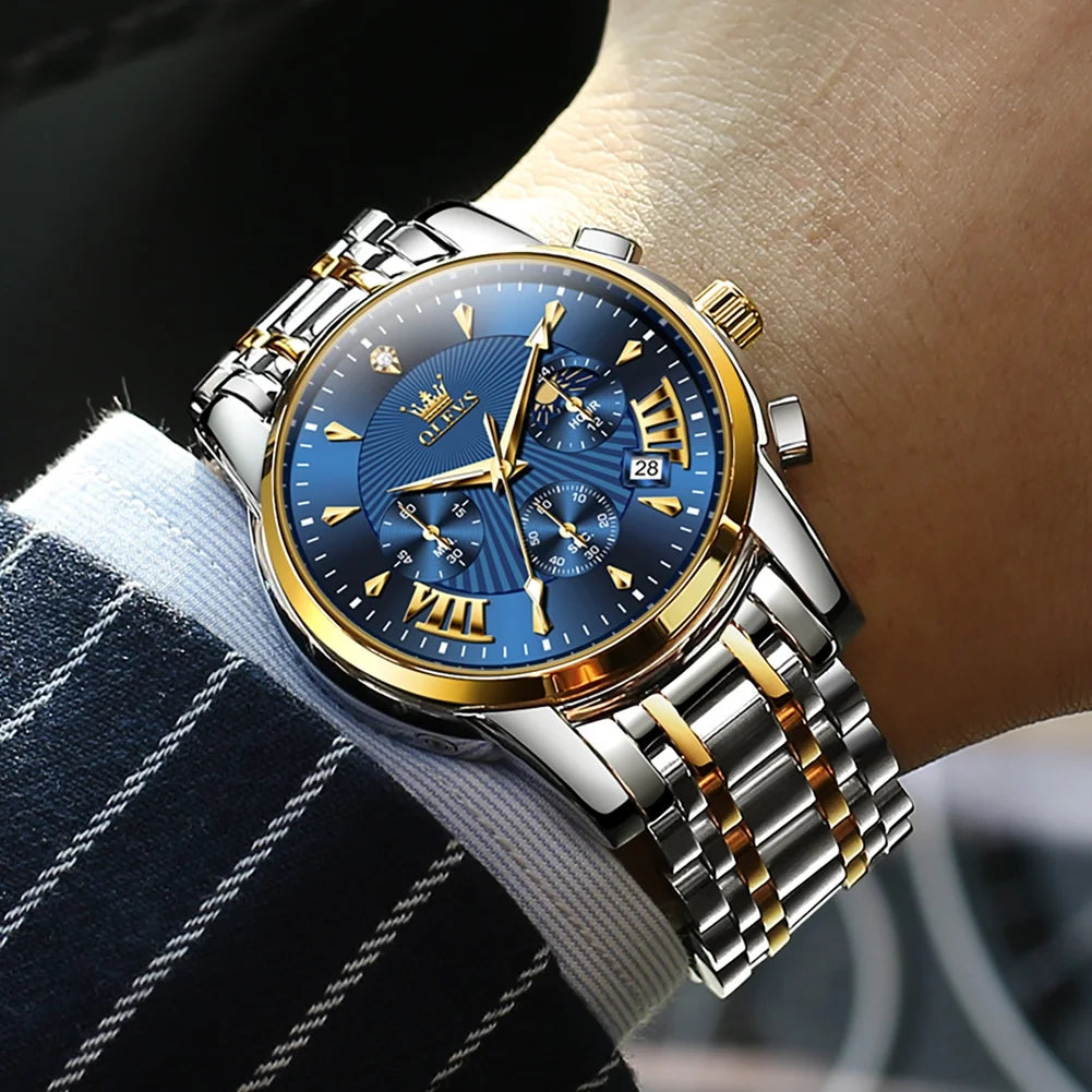 OLEVS Watches for Men, Mens Watches Quartz Gold Stainless Steel Waterproof Luminous Business Calendar Wrist Watch reloj para hombre Blue Dial