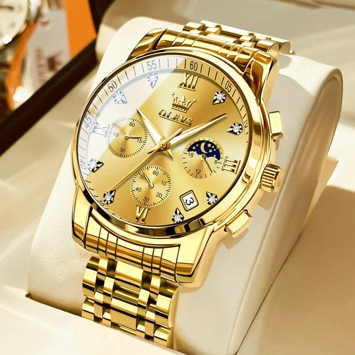 OLEVS Watches for Men, Mens Watches Gifts for Men Chronograph Analog Quartz Luxury Casual Classic Diamond Waterproof Luminous Gold Stainless Steel Reloj para Hombre