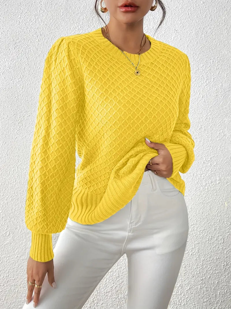 Argyle Pattern Lantern Sleeve Crew Neck Sweater