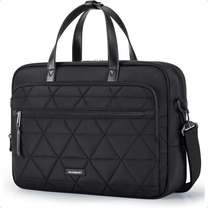 Women Men 15.6 Inch Briefcase Stylish Faux Leather Computer Messenger Bag for Office Business Black