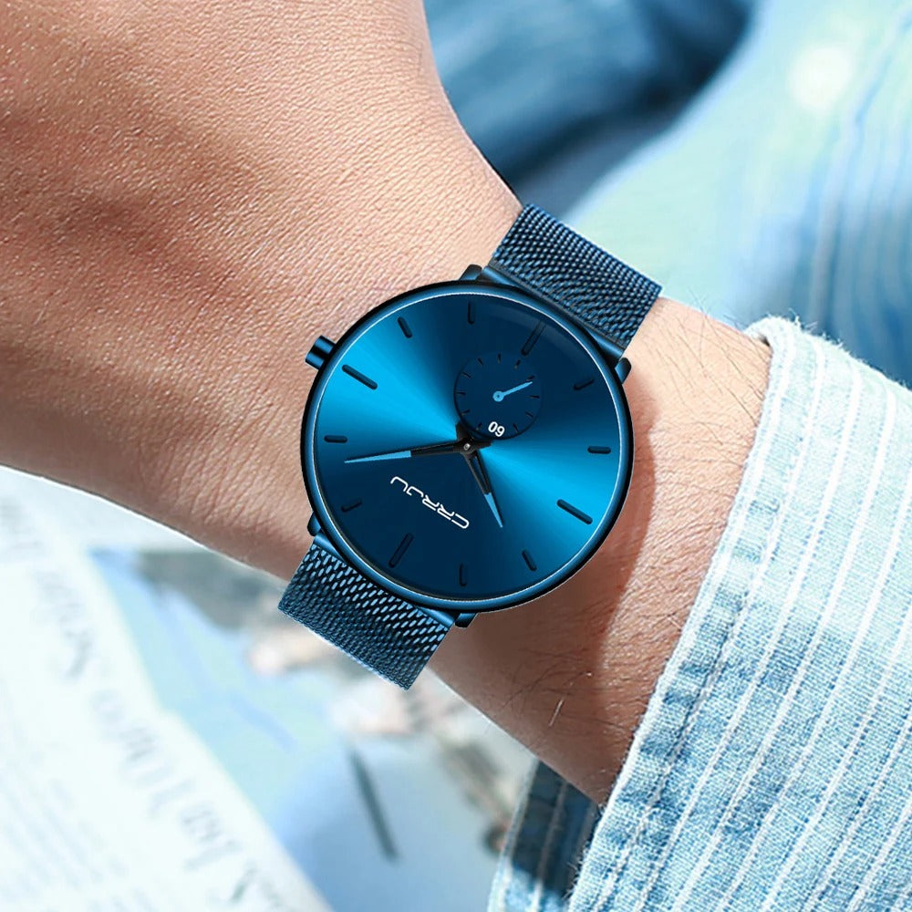 Men's Fashion Stainless Steel Blue Thin Watch