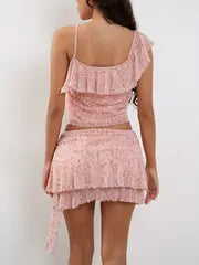 Womens 2pcs Summer Outfits Sleeveless Ruffle Trim Crop Cami Tops + Mini Skirt Set Clubwear