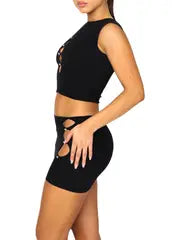omens 2pcs Summer Outfits, Shiny Rhinestone Hollow Out Color Tank Tops and Mini Skirt Set