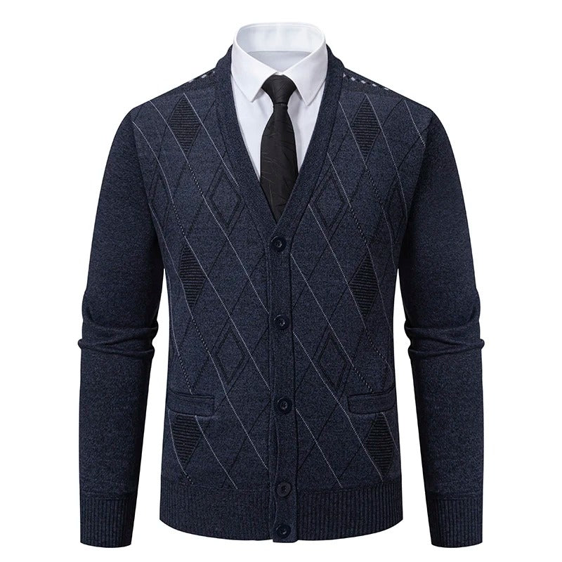 Men’s Plaid Cardigan V-neck Fleece Sweater