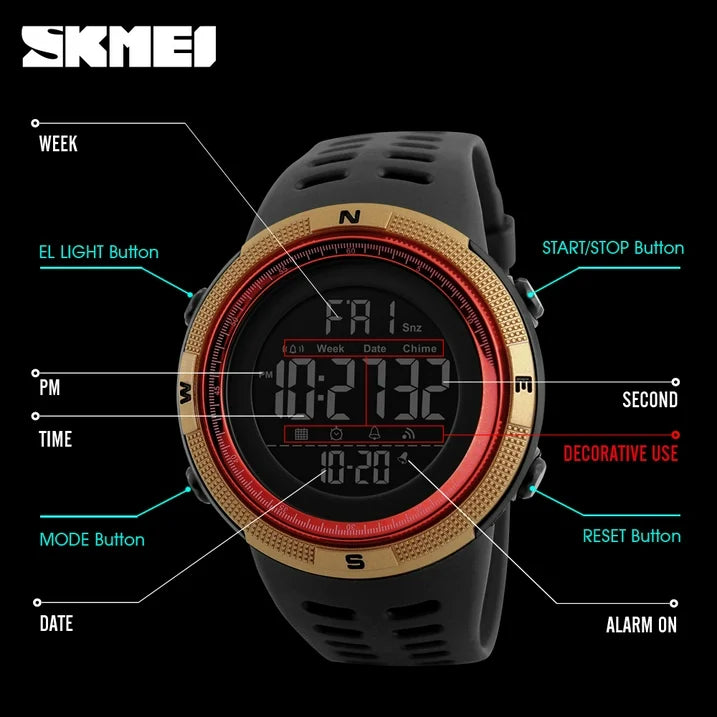 Men's Military Watch, Waterproof Digital Sports Alarm Backlit Classic Watch, Black Gold Red