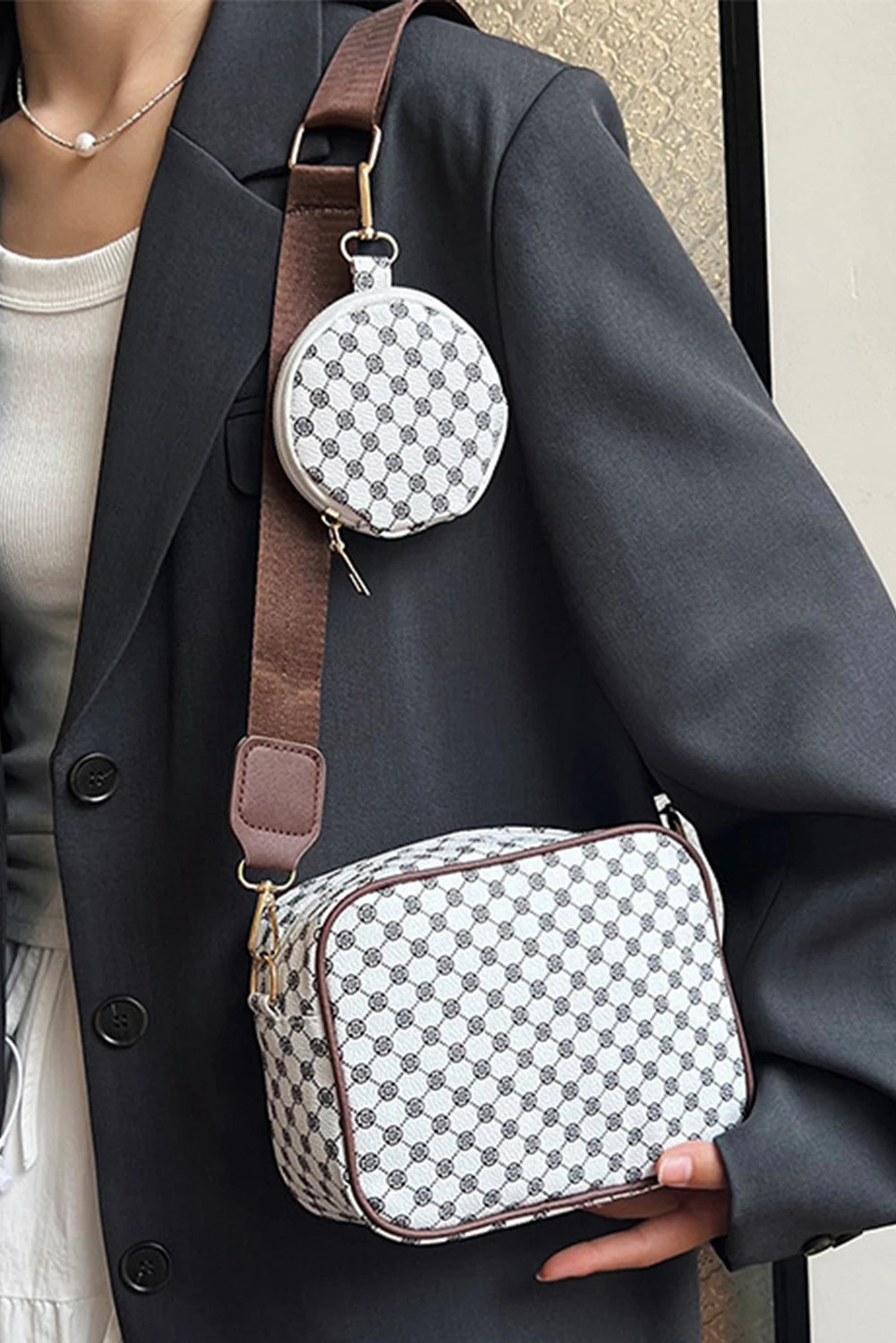 Coffee Geometric Pattern Shoulder Bag