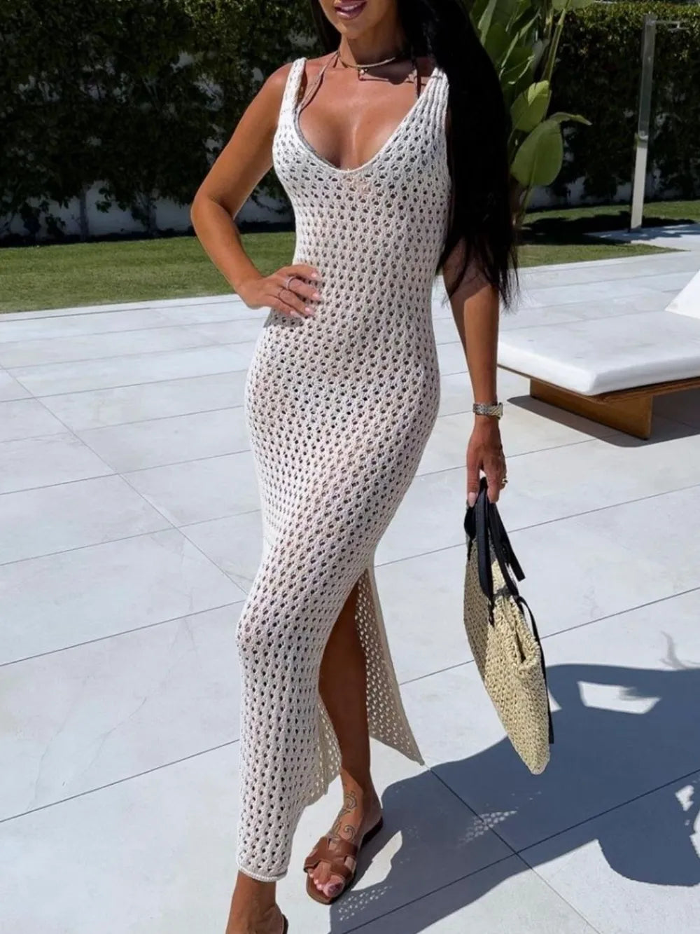 Openwork Slit Sweater Maxi Dress