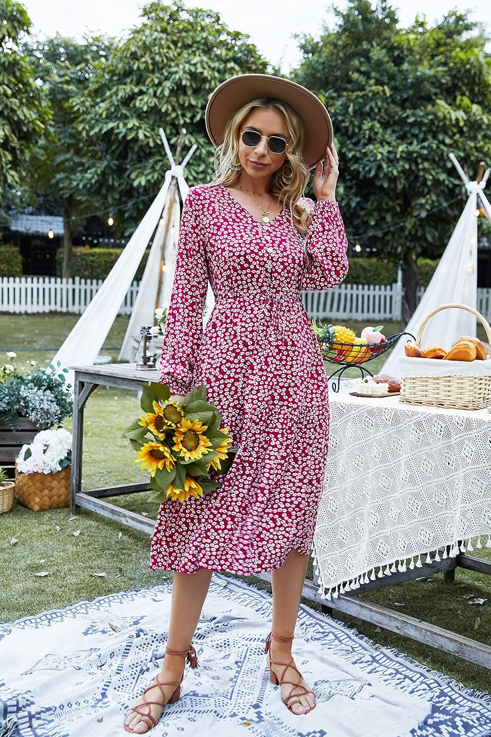 Women'S Floral Midi Dress V Neck Long Sleeve High Waist Button Tiered Belted Flowy Dresses(Red,Small)
