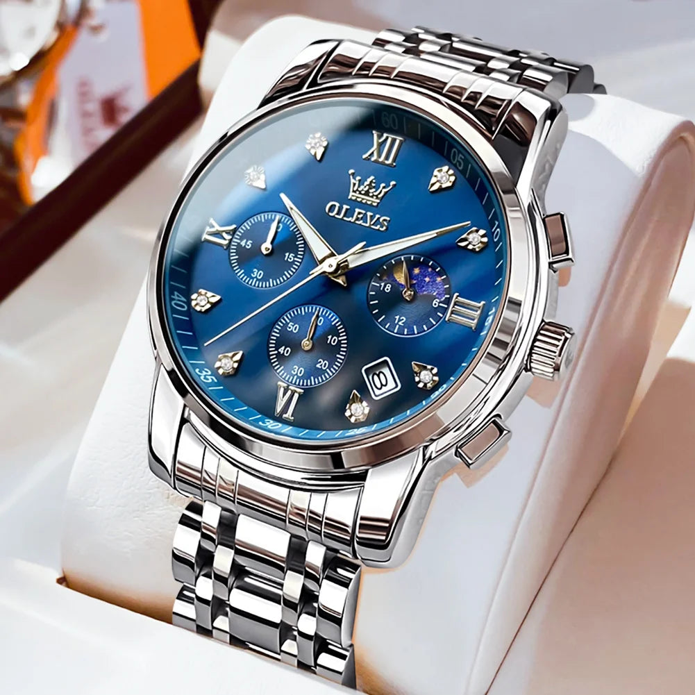 OLEVS Watches for Men, Mens Watches Gifts for Men Chronograph Analog Quartz Luxury Casual Classic Diamond Waterproof Luminous Stainless Steel Reloj para Hombre Blue Dial