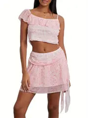 Womens 2pcs Summer Outfits Sleeveless Ruffle Trim Crop Cami Tops + Mini Skirt Set Clubwear