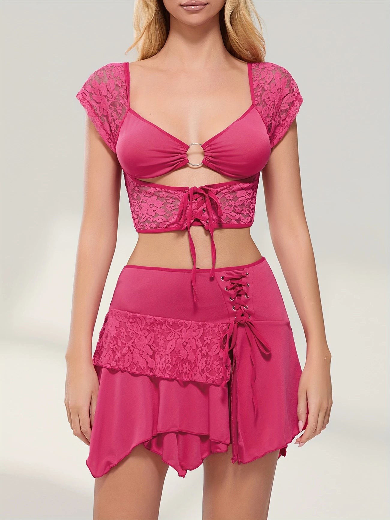 Women's 2pcs Skirt Outfits Short Sleeve Hollow Bandage