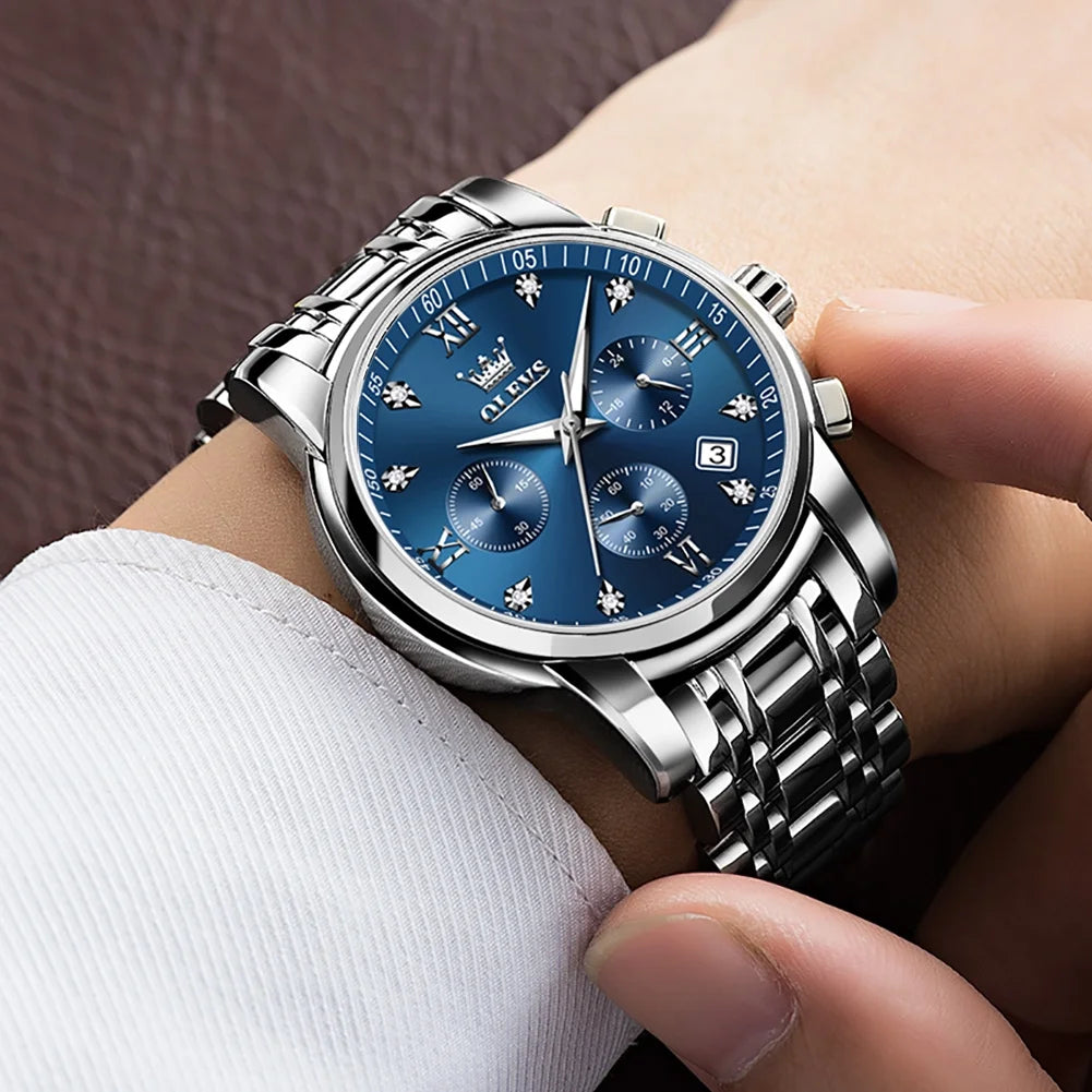 OLEVS Watches for Men, Mens Watches Gifts for Men Chronograph Analog Quartz Luxury Casual Classic Diamond Waterproof Luminous Stainless Steel Reloj para Hombre Blue Dial