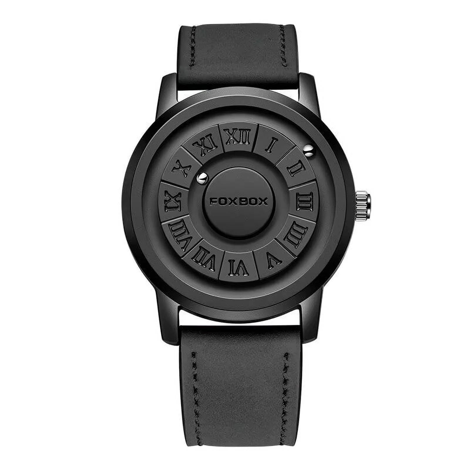 FOXBOX Watch Man Creative Scrolling Pointer Magnetic Force Quartz Wristwatch Genuine Leather Mens Watches