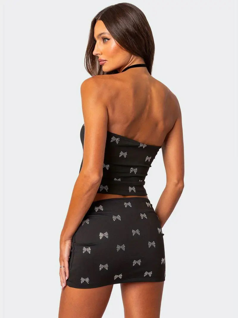 Women'S Summer Outfit Rhinestone Bow Pattern Strapless Tops Mini Skirt