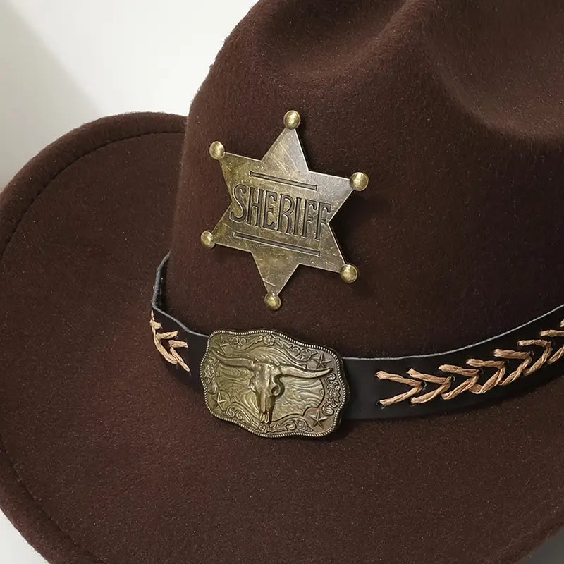 Men’s Western Cowboy Hat with Sheriff Star & Bull Belt Ornament