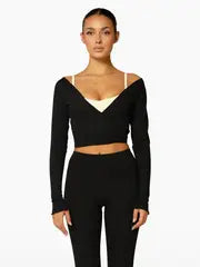 Women Crop Wrap Tops Tie up Hem V-Neck Fitted