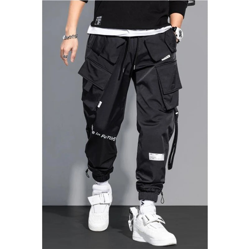 Men's Slim Fit Harem Cargo Trousers with Ribbon Detail