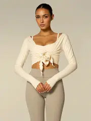 Women Crop Wrap Tops Tie up Hem V-Neck Fitted