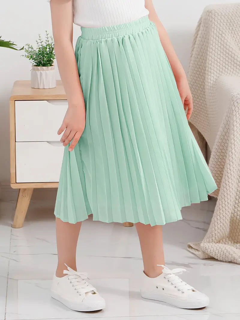 Girls Solid Pleated A-line Skirt Party Gift Spring Fall