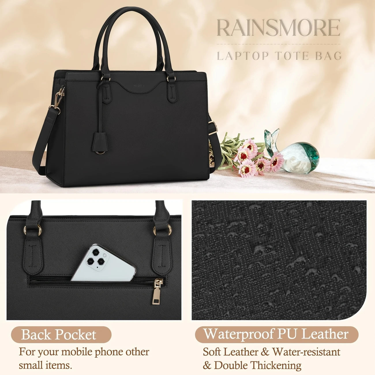 Women's 15.6" Waterproof PU Leather Laptop Tote Bag - Black Business Office Briefcase with Golden
