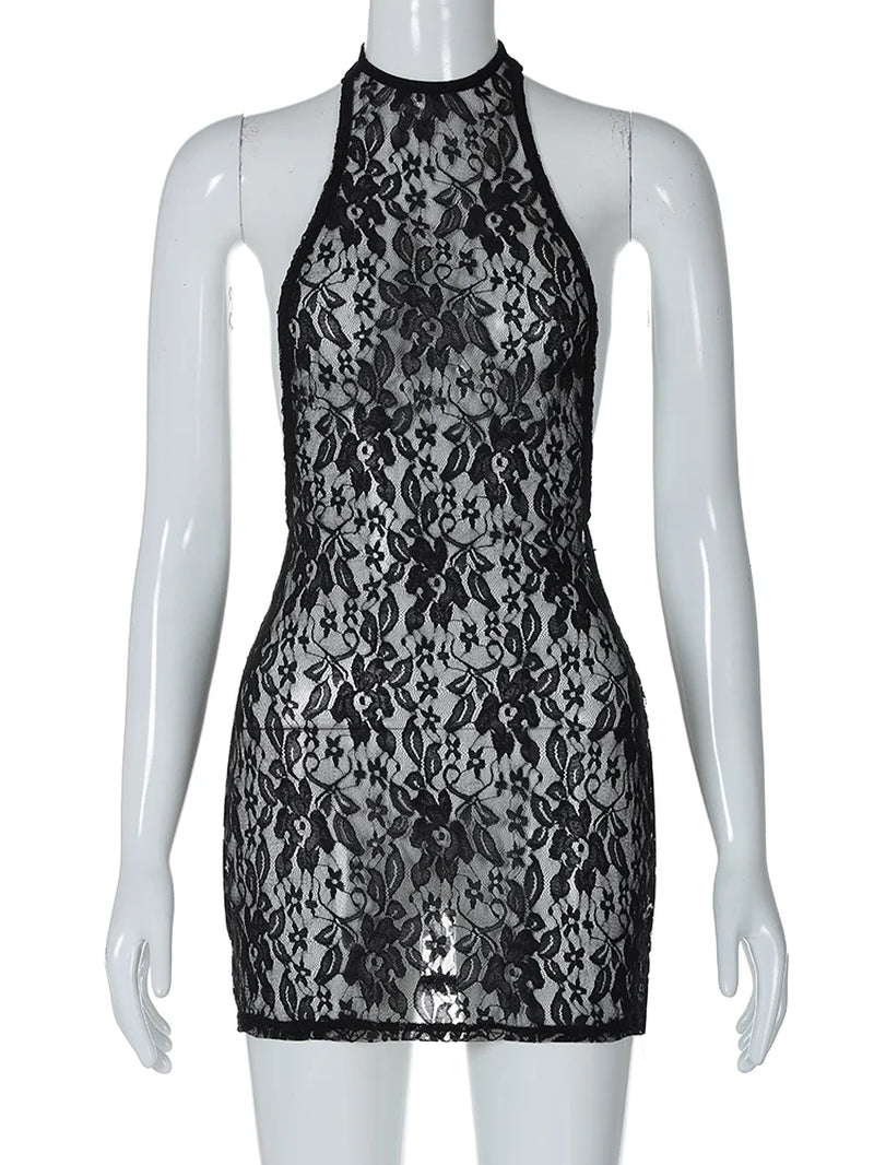 Floral Print Halter Backless Lace up Sheer Sexy Bodycon Mini Dress 2024 Spring Women Fashion Clothes Beach Nightclub