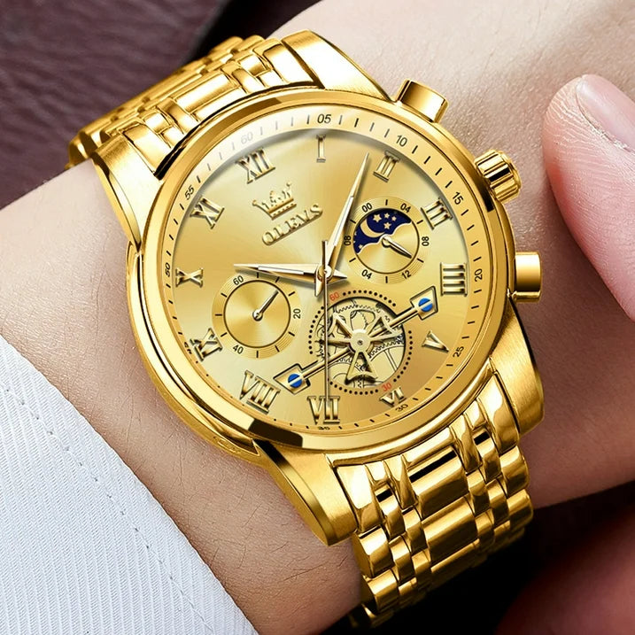 Stainless Steel Waterproof Luminous Date Wrist Watch For Men Gold Dial