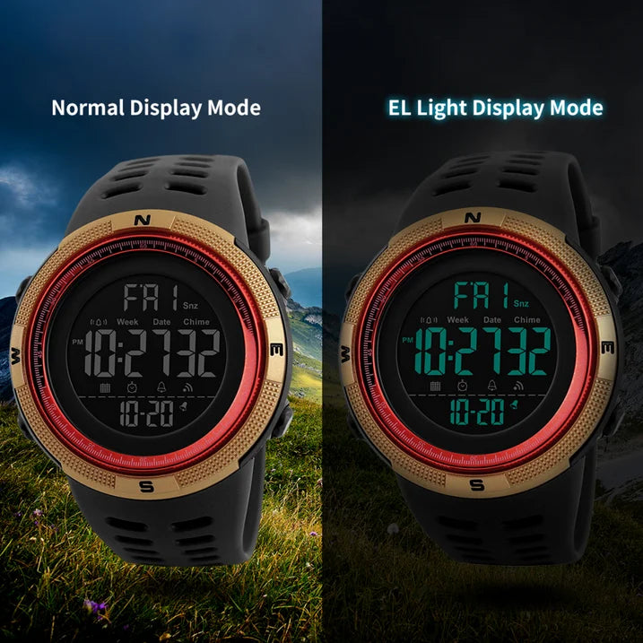 Men's Military Watch, Waterproof Digital Sports Alarm Backlit Classic Watch, Black Gold Red