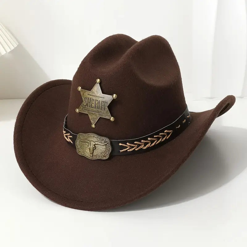Men’s Western Cowboy Hat with Sheriff Star & Bull Belt Ornament