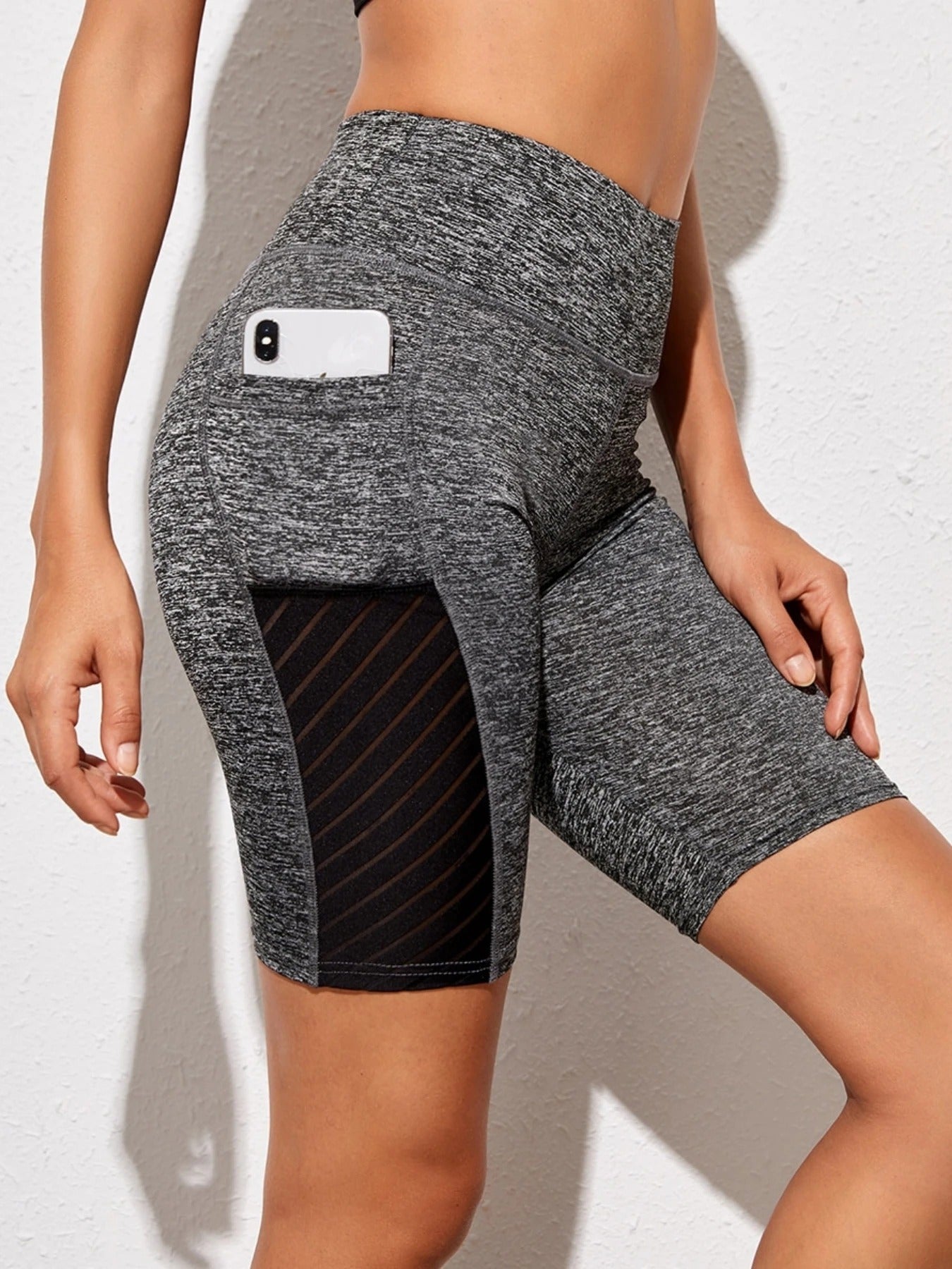 High-Waist Elastic Yoga Shorts with Pocket