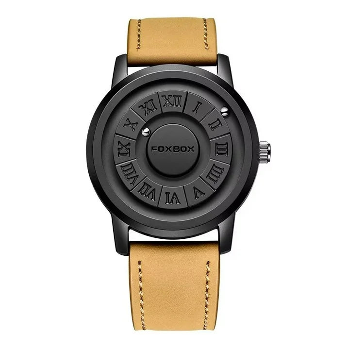 FOXBOX Mens Watches Creative Scrolling Pointer Magnetic Force Quartz Wristwatch Genuine Leather Watch Man