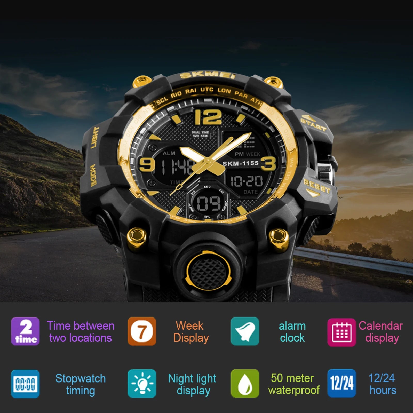 SKMEI Men's Digital Sports Watch, Large Face Military Waterproof Watches for Men with Stopwatch Alarm LED Back Light Sports Watch,Gold