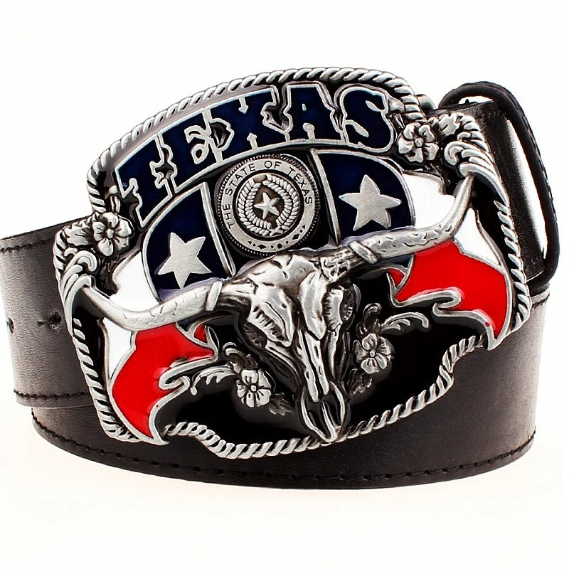 Texas Cowboy Belt with Bull Skull Buckle – 115cm