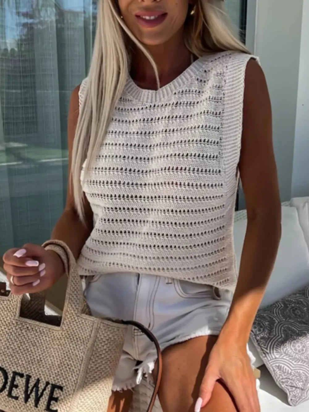 Openwork Round Neck Sweater Vest