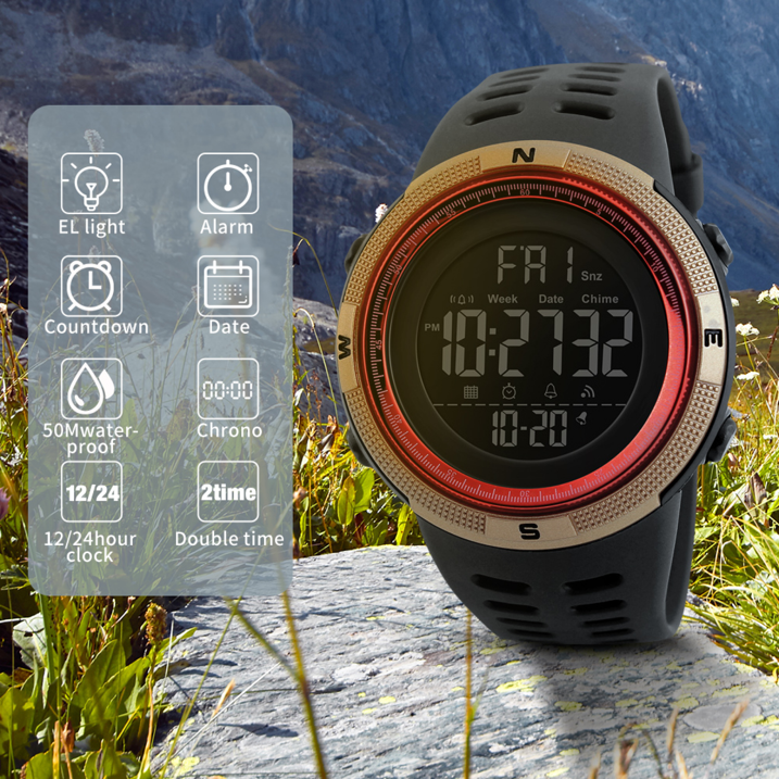 Men's Military Watch, Waterproof Digital Sports Alarm Backlit Classic Watch, Black Gold Red
