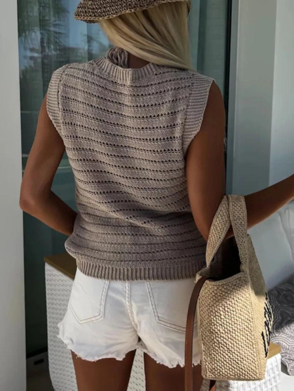 Openwork Round Neck Sweater Vest