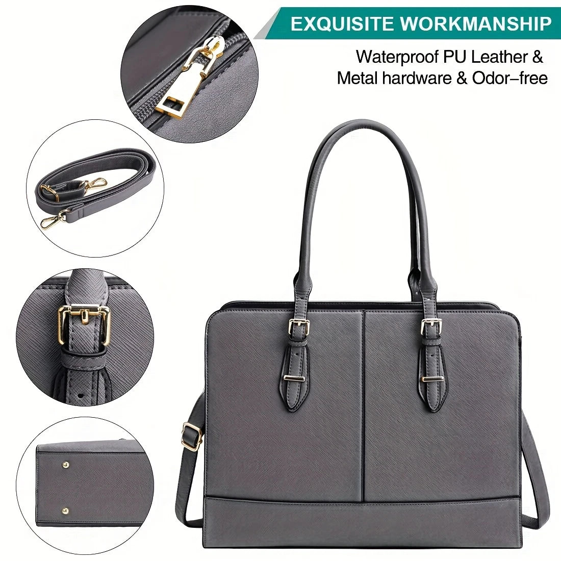 Large Capacity Business Office Commuter Bag, Lightweight Durable Nylon Lining, Zipper Closure, Grey