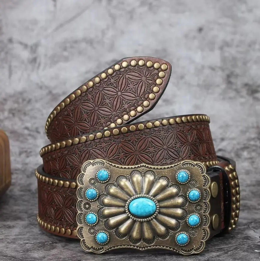 Men’s Western Denim PU Carved Belt – 120cm