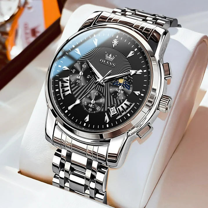 OLEVS Watches for Men, Mens Watches Quartz Silver Stainless Steel Waterproof Luminous Business Calendar Wrist Watch reloj para hombre Black Dial