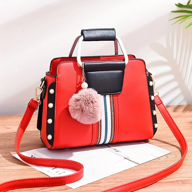 Stylish Colorblock Satchel Bag with Fun Pom Pom Accent